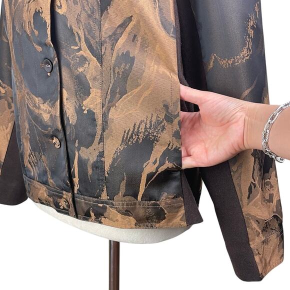 A La Carte Brown Pattern Band Collar Stretch Lightweight Button Up Jacket Pocket - Picture 8 of 12